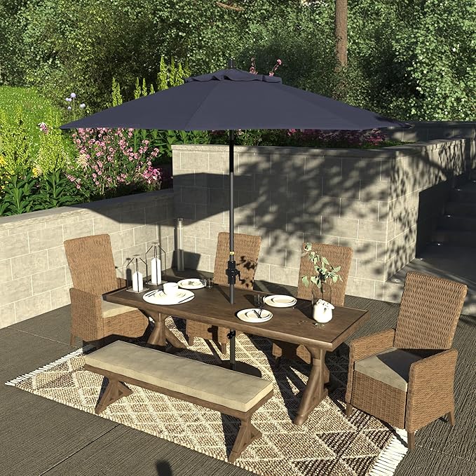 California Umbrella 9' Rd. Crank Lift, Collar Tilt, Aluminum Pole, Fiberglass Rib Patio Umbrella, Hammertone Grey Finish, Sunbrella Navy
