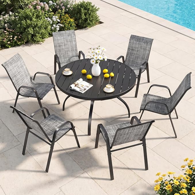 47” Round Outdoor Dining Table for 6,Metal Patio Dining Table with Adjustable Umbrella Hole,All-Weather Black Outdoor Patio Table for Porch, Garden, Backyard, Poolside, Lawn