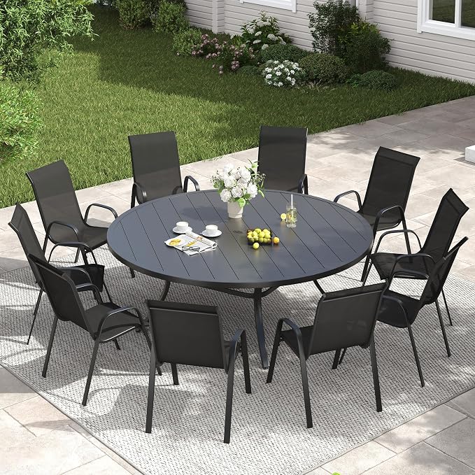 VICLLAX Outdoor Dining Set for 10, All Weather Metal 11 Pieces Patio Set-60 Round Outdoor Table and Stackable Chairs for Lawn Garden and Backyard, Black Tabletop