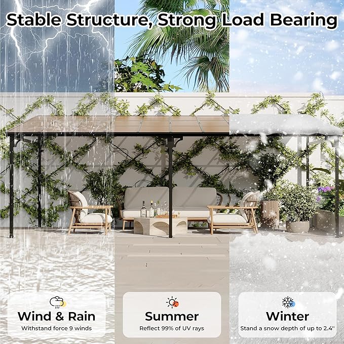 GarveeHome 12' x 20' Lean to Gazebo, Hard Top Outdoor Pergola with Roof, Gazebos Pergola on Clearance, Large Wall Mounted Heavy Duty Awnings for Patio, Backyard, Deck, Porch