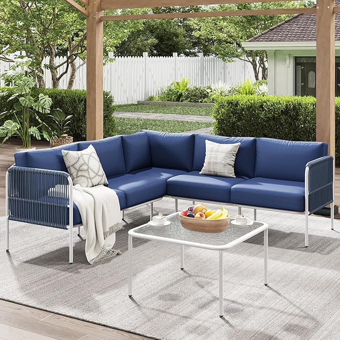 Patio Furniture Set, 6 Pieces Outdoor Couch Sectional, L Shaped Patio Set with PE Rope, Coffee Table, Waterproof Extra-Thick Cushions, Outdoor Seating Conversation Set for Balcony, Garden, Backyard
