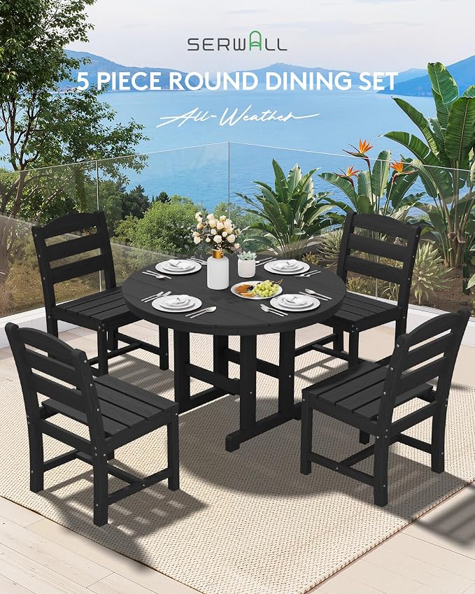 SERWALL Outdoor Round Dining Sets with Umbrella, HDPE Patio Table and Chairs Furniture Set, 45" Round Dining Table & 4 Armless Dining Chairs & 1 9FT Umbrella, Black(Not Include Umbrella Base)
