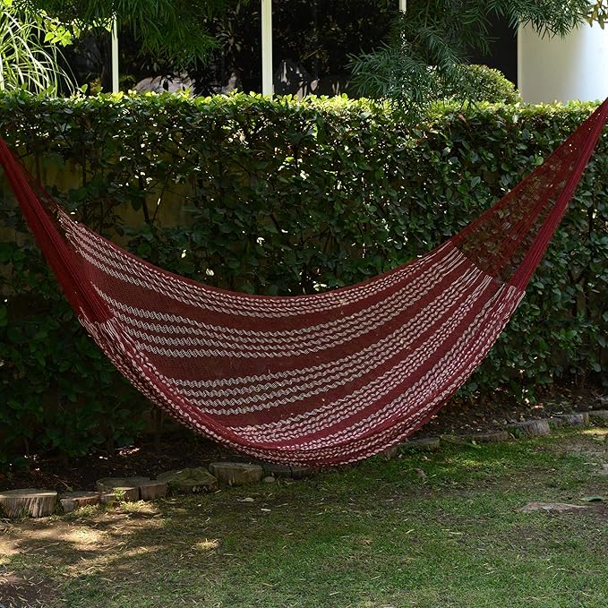 NOVICA Burgundy White Hand Woven Cotton Mayan 2 Person XL Rope Hammock with Hanging Accessories, 'Burgundy Riviera' (Double)