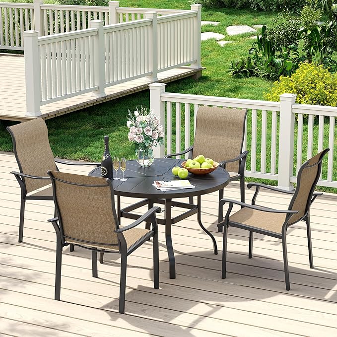 UDPATIO 5 Piece Outdoor Patio Table and Chairs Set for 4, 39" Black Round Table with Umbrella Hole, Brown Patio Chairs, Patio Table with Chairs, Outdoor Patio Dining Set for Lawn, Backyard, Deck