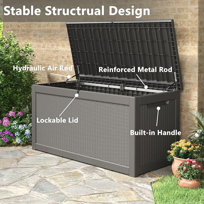 Bifanuo Outdoor Storage Box, 260 Gallon Deck Boxes Waterproof, Resin Storage Cabinet Multi Functional Storage Bench For Gardening Tools, Pool Supplies, Patio Furniture, Lockable