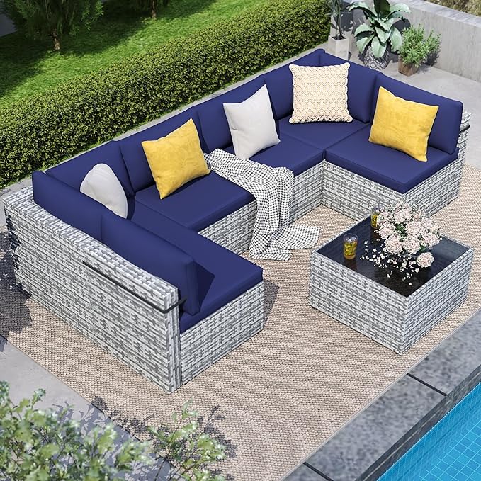 7-Piece Outdoor Sectional Sofa Set, Weather-Resistant Patio Furniture Set with Washable Cushions and Coffee Table, Grey Rattan Patio Conversation Set for Poolside, Backyard, Deck (Navy Blue)
