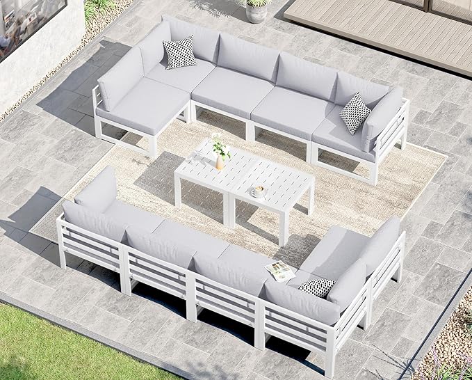 NICESOUL 10 Seat Large Luxury Aluminum Patio Conversation Set with Side Table, 29" Deep Wide Seating, Modular Sectional Couch, 500 lbs Heavy Duty All Weather Outdoor Sofa for Backyard Deck, Light Grey