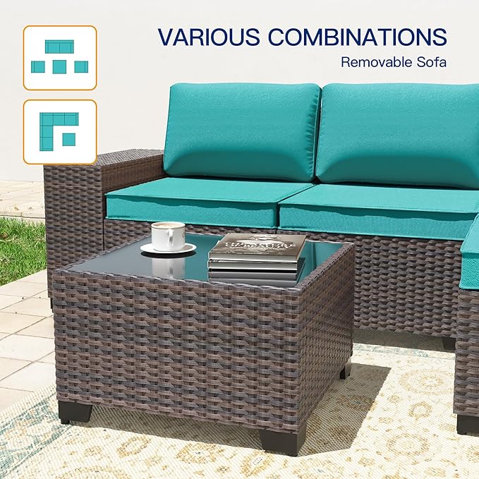 6 Pieces Patio Furniture Sets with Glass Tea Table,PE Rattan Wicker Patio Conversation Set with Washable Cushions,Outdoor Patio Sectional Furniture Set for Backyard, Poolside, Garden,Blue