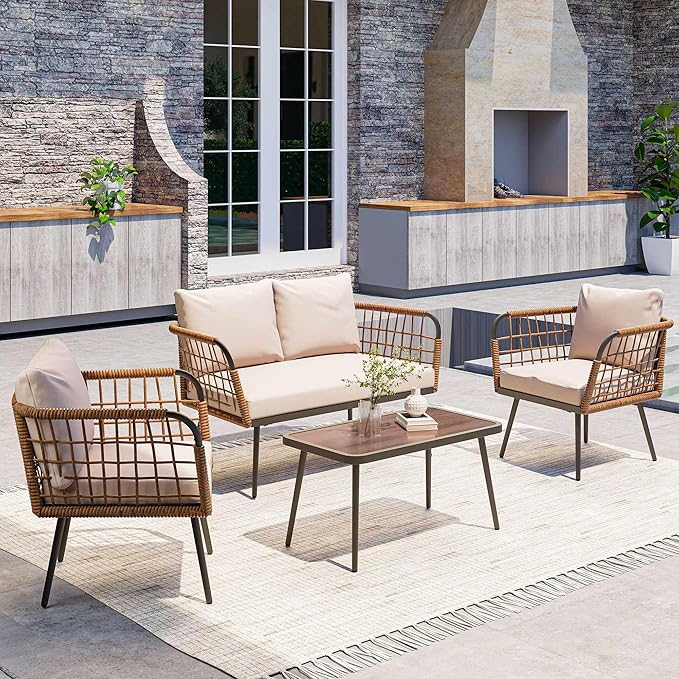 LAUSAINT HOME 4 Pieces Outdoor Patio Furniture Set, Rattan Balcony Furniture with Coffee Table, Patio Conversation Set with Soft Cushions for Patio, Porch, Balcony and Backyard