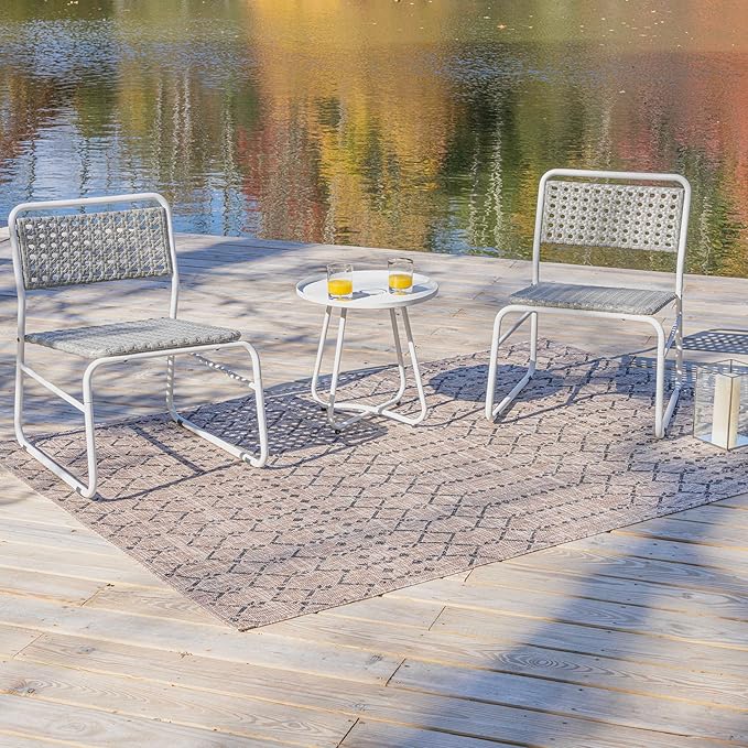 JONATHAN Y LVG1100A-3SET Freja 3-Piece Mid-Century Modern Faux Rattan Conversation Outdoor Patio Set Scandinavian, Classic, Transitional, Bohemian, Traditional, White/Gray