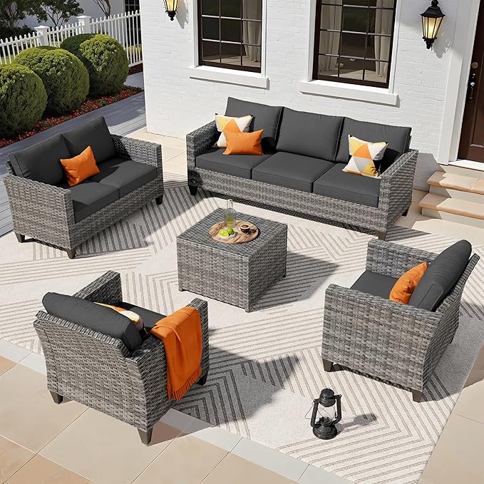 ovios 5 Pieces Patio Furniture Set, Outdoor Wicker Rattan Sofa Couch with Loveseat, Chairs, Glass Coffee Table, Conversation Sets for Yard Porch Garden, Black