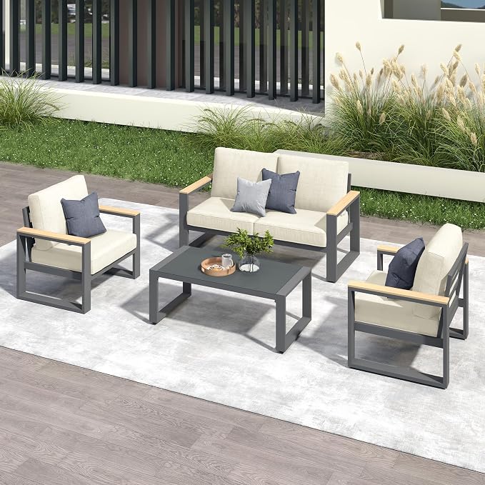 RoyalCraft Aluminum Patio Furniture, 4-Seats Metal Outdoor Furniture Set with Coffee Table, Modern Patio Sofa Sets Outdoor Conversation Set for Pool Garden Porch Backyard, Beige
