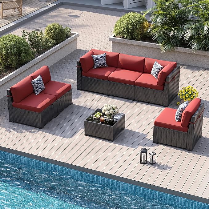 Patio Furniture Sets, 7-Piece Outdoor Patio Furniture with Thick Cushions,Coffee Table Outdoor All-Weather Conversation Set Sectional Sofa for Backyard, Poolside, Garden(Wine Red)