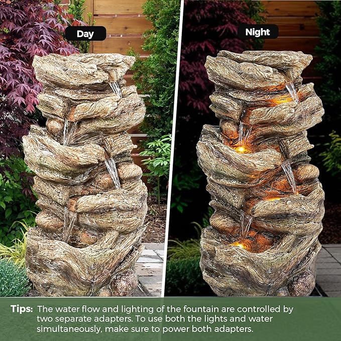 Jocoevol 32" High 5-Tiers Cascading Rock Outdoor Water Fountain with LED Lights and Pump, Natural Wood Look Waterfall Outdoor Features, Large Water Fountain for Garden, Patio, Yard