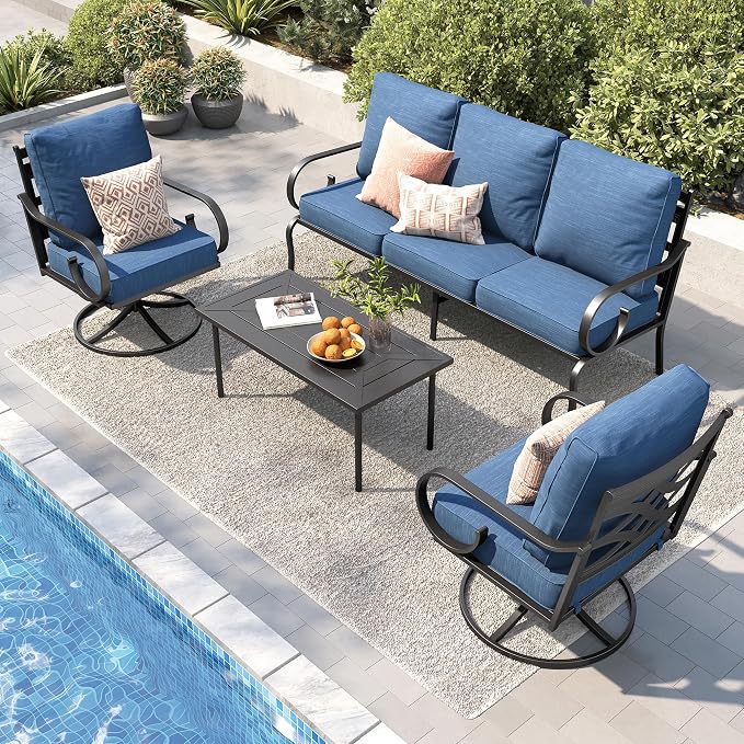 PHI VILLA Patio Furniture Set, 3-Seater Sofa, 2 Swivel Chairs and a Coffee Table, Outdoor Metal Conversation Set with 5.75" Extra Thick Cushion for Garden Backyard Deck, Navy