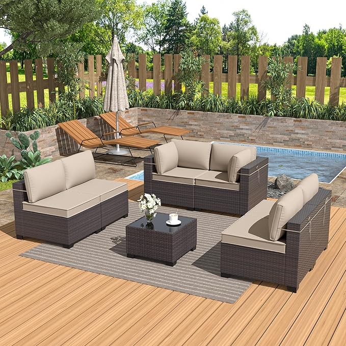 Patio Furniture Set 7PCS Outdoor Furniture for Backyard Sectional Sofa Set, Rattan Wicker Patio Conversation Set with 4 Inch Thickened Cushions and Glass Coffee Table, Sand