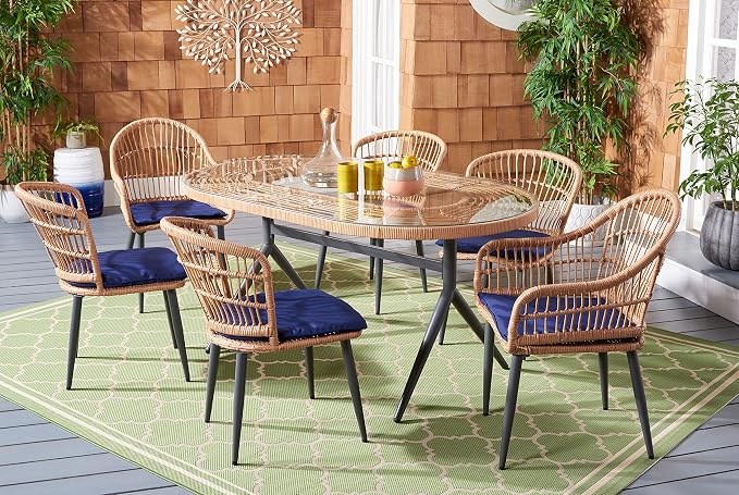 SAFAVIEH Outdoor Collection Genser Natural Rattan/Navy Blue Cushion 7-Piece Patio Backyard Dining Set