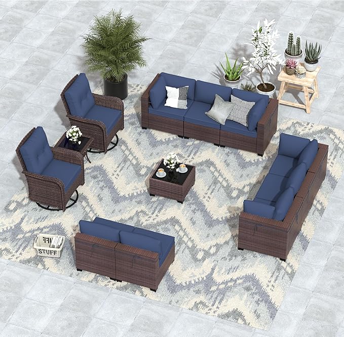 ALAULM 12 Pieces Patio Furniture Set with 2 Swivel Chairs Wicker Patio Conversation Set, Outdoor Sectional Furniture w/Coffee Table & Washable Seat Cushions-Dark Blue