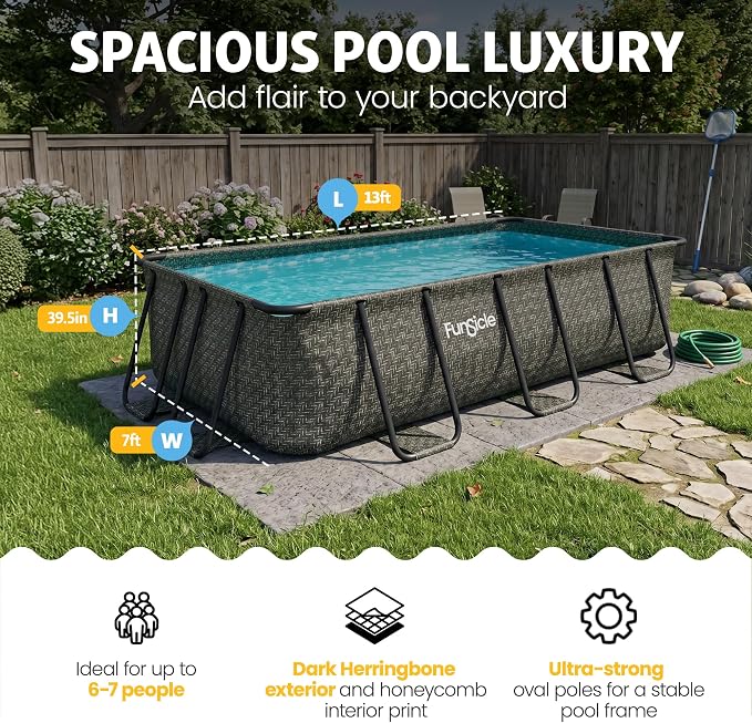 Funsicle Oasis Designer Lap 13' x 7' x 39.5” Rectangular Above Ground Swimming Pool, with FiltraBoost 800 GPH Filter Pump, Ladder & Repair Patch, Dark Herringbone