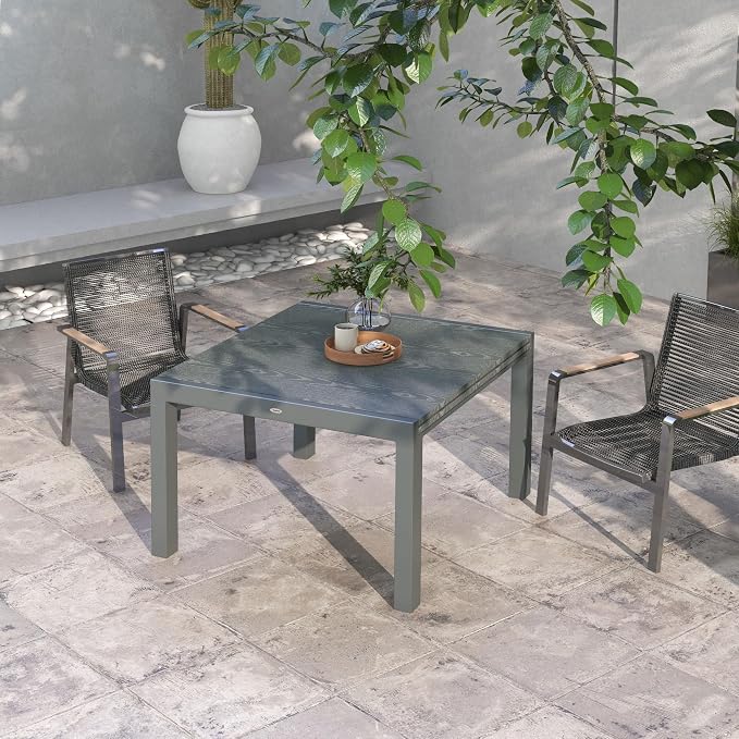 Outsunny Extendable Outdoor Dining Table, 41"- 83" Aluminum Frame Patio Table with Wood Effect Steel Top, Rectangle Expandable for 6-8, Dark Gray