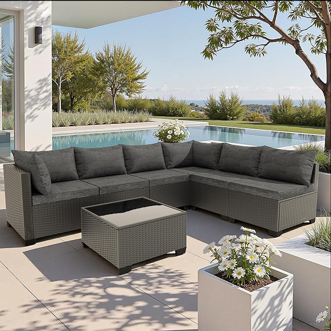 7 Piece Patio Furniture Set, All-Weather Water-Resistant Wicker Rattan Sectional Sofa, Modular Outdoor Conversation Set for Backyard, Garden, Poolside, Balcony