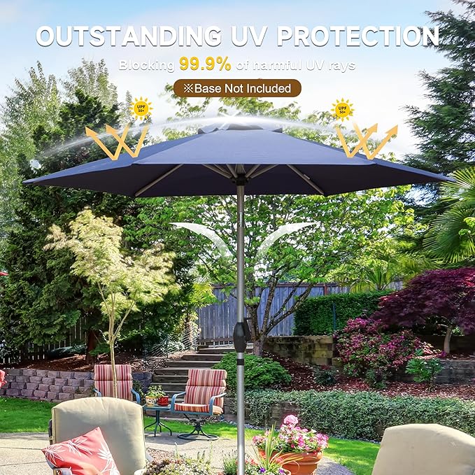 Domi 7.5FT Patio Umbrella Outdoor Market Umbrella with Silver Aluminum Pole, UV Resistant Canopy, Wind Vent, Tilt & Crank System, Perfect for Patio, Garden, Deck, Pool, Outdoor Dining, Navy Blue