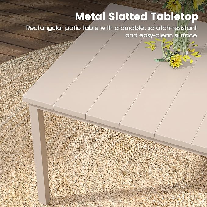 DIFY 7 Pieces Outdoor Patio Dining Set for 6, 63" Sandshell Rectangle Metal Dining Table and 6 Sandshell Stackable Sling Dining Chairs, Outdoor Table and Chairs for Lawn Garden Backyard Deck