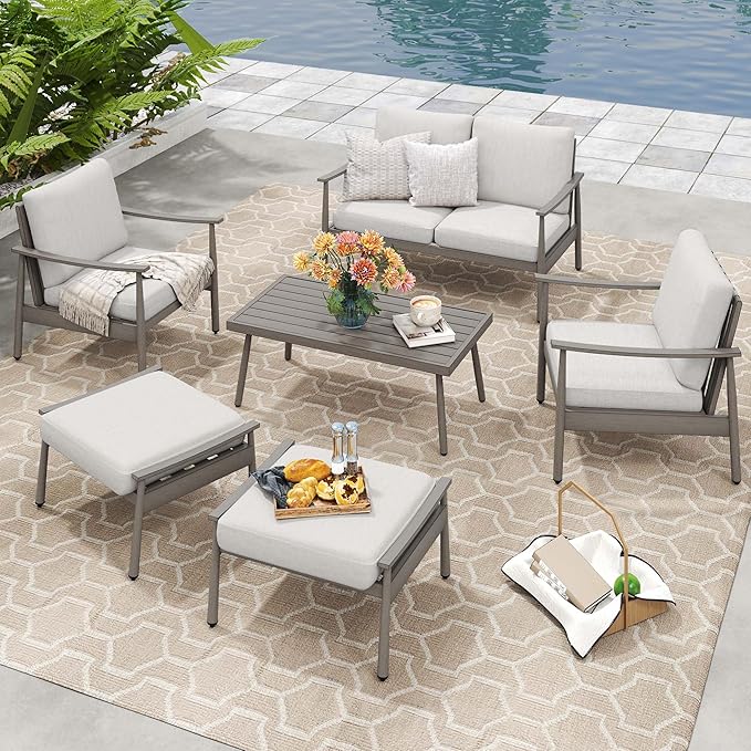 HAPPATIO Patio Outdoor Furniture Set - 6 Pieces Aluminum Outdoor Conversation Set with 1 Cushioned Loveseat, 2 Armchairs, 1 Coffee Table and 2 Ottomans for Yard, Porch, and Deck (Grey)