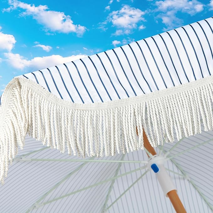 Seazul 6.5ft Patio Umbrella with Fringe, Beach Umbrella, Fringe Umbrella Outdoor Patio with Hanging Hook, Tilting Aluminum Pole, UV 50+, Fiberglass Ribs, Blue White Stripe