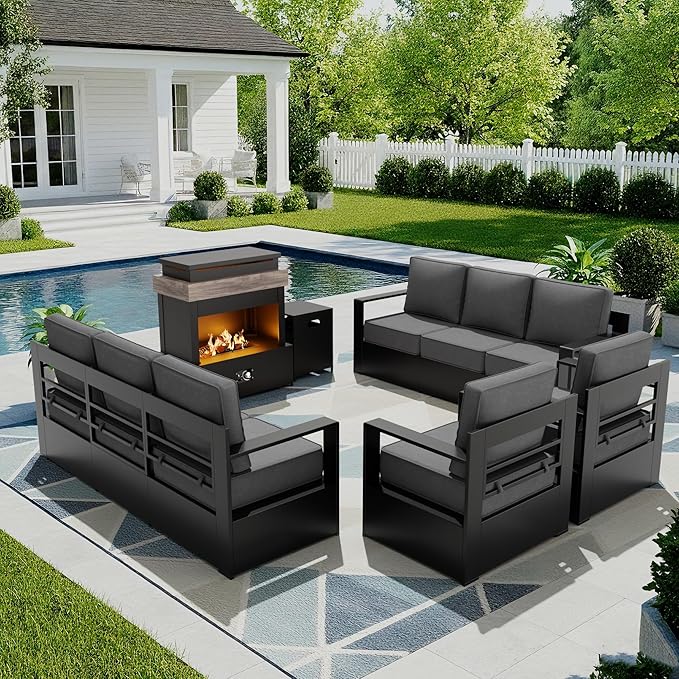 Outdoor Patio Furniture Set, 5-Piece Aluminum Patio Conversation Set All-Weather Metal Outdoor Sectional with 6 Inch Thick Cushions, Deep Setting and Fireplace for Garden, Outside and Porch, Grey