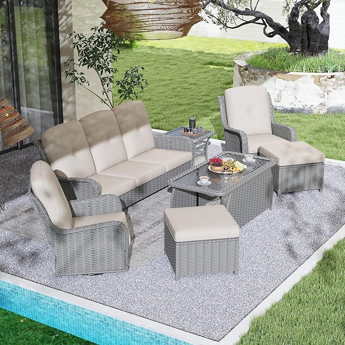 Kinsuite 7 PCS Patio Furniture Set, Outdoor Conversation Sets with Swivel Chairs & Ottomans, All-Weather Gray Wicker Sectional Sofa with Thicken Cushions for Garden, Lawn, Deck, Backyard, Khaki