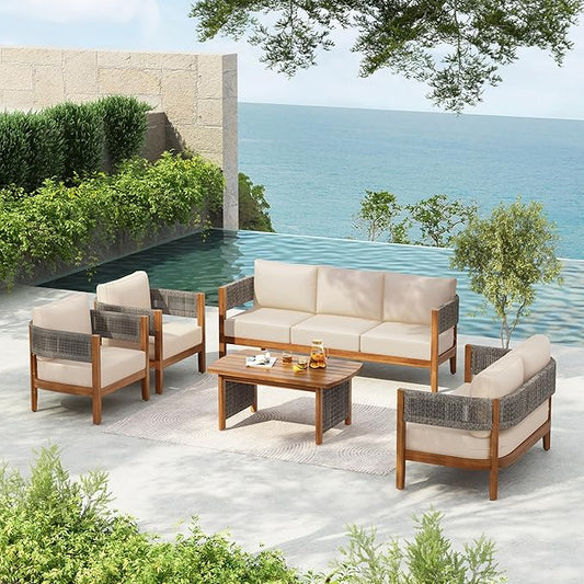 Christopher Knight Home Quixley Acacia Wood 5 Piece Patio Furniture Set, Large Wooden Patio Conversation Set with Club Chair+Coffee Table, 7-Seater Outdoor Loveseat Sofa Chair and Table Set,Teak+Beige