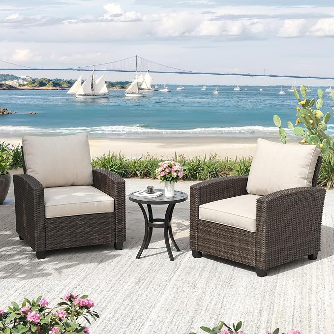 VICLLAX 3 Pieces Wicker Outdoor Furniture Set, PE Rattan Patio Conversation Set with 2 Single Chairs, Metal Side Table for Deck Porch Pool, Beige Cushion