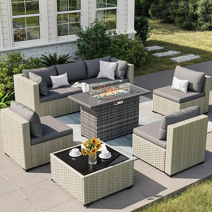 8 Piece Patio Furniture Set with 44" Fire Pit Table, Outdoor Sectional Wicker Rattan Sofa Set with Coffee Table (Grey/Grey)