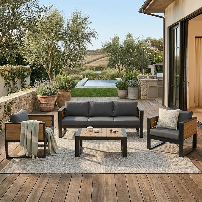 Merax Large 4-Piece Outdoor Patio Furniture Set for 5 Person, 3-Seater Sofa, 2 Armchairs with Fold-Out Side Tables, Aluminum Frame & Plastic-Wood, Modern Garden/Patio Seating, Grey Cushions