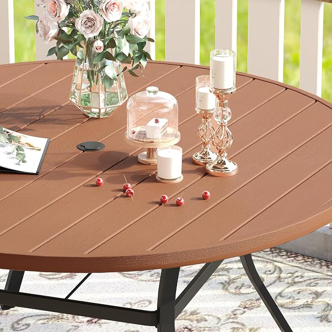 VICLLAX 60" Outdoor Round Patio Table for Lawn Garden, All Weather Metal Round Patio Dining Table with Adjustable Umbrella Hole, Oudoor Table for 8-10 Person, Walnut Wood-Like Tabletop