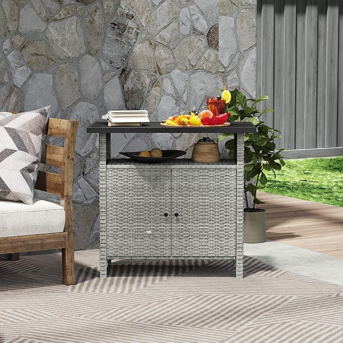 Outsunny Wicker Outdoor Storage Cabinet, Rattan Bar Table with 2 Doors and Shelf, Buffet Sideboard with Metal Slatted Countertop for Poolside, Patio, Backyard, Gray