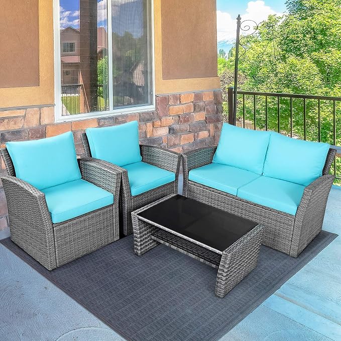 HAPPYGRILL 4-Pieces Patio Rattan Furniture Set Outdoor Conversation Set with Cushions and Coffee Table, Sectional Wicker Sofa Set for Garden Porch Balcony Poolside