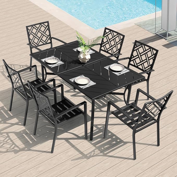 NUU GARDEN Outdoor 7-Piece Patio Dining Set, 6 Stackable Patio Dining Chairs and 61'' x 37'' Rectangle Table with Umbrella Hole, for Outdoor and Indoor Space, Patio, Deck, Garden, Backyard, Black