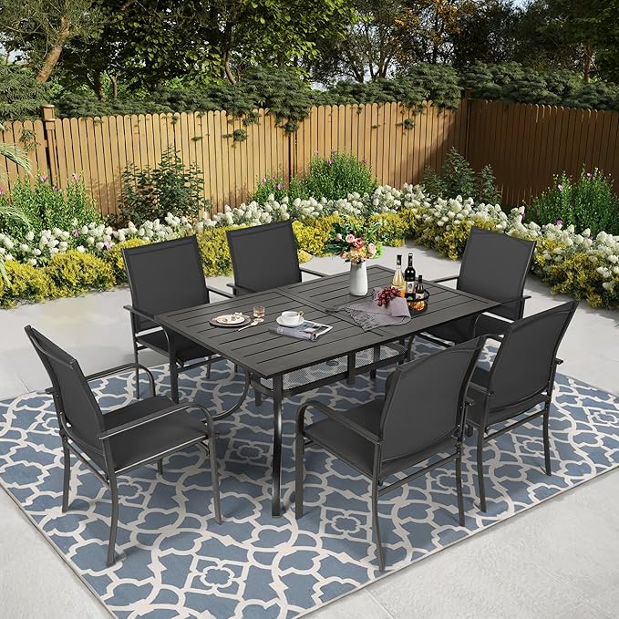 Crownland 7 Piece Patio Dining Set, Outdoor Textilene Dining Sets, 6 Textilene Metal Chairs and Rectangular Outdoor Dining Table with 1.57" Umbrella Hole,Black