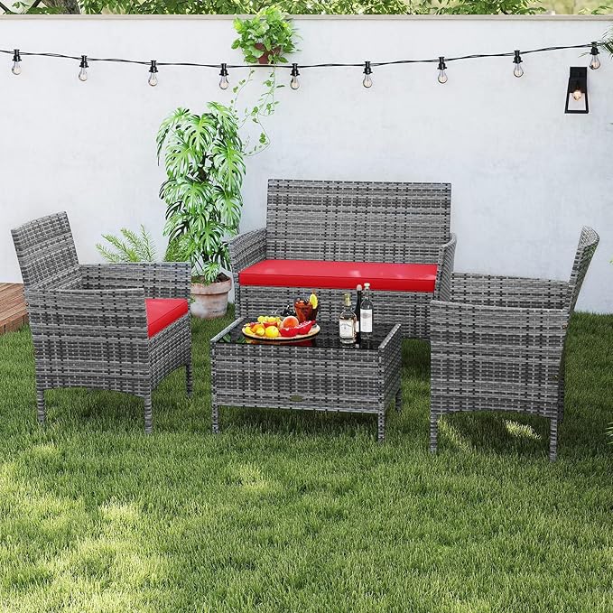 Tangkula 4 Pieces Patio Rattan Conversation Set, Outdoor Wicker Furniture Set with Cushioned Chair, Loveseat & Tempered Glass Table, Outside Sectional Sofa Set for Backyard (G-red,1)