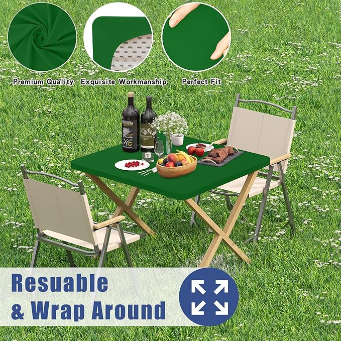Moosfor Spandex Picnic Table Cloth 2 Pack, Elastic Fitted Tablecloths for Square Tables, Stretch Washable Patio Table Cover for Outdoor, Camping, Banquet and Parties (Emerald Green, 34"x34")