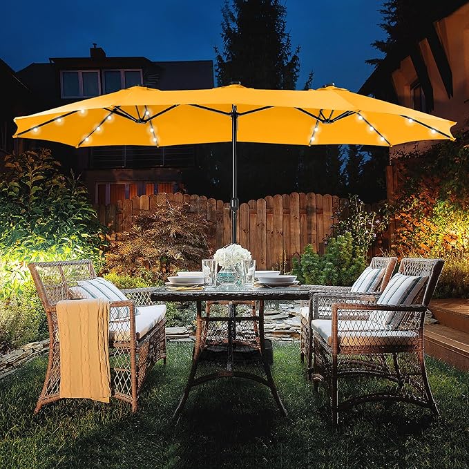 HERA'S PALACE 15ft Patio Umbrella with Base Included Double Sided Outdoor Umbrella for Patio Table Umbrella Outdoor 36 LED Solar Lights for Garden