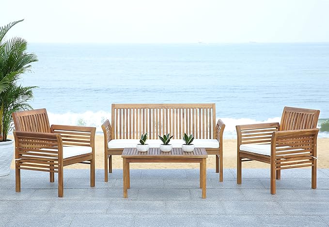 SAFAVIEH Outdoor Collection Carson Natural/ Beige Cushions 4-Piece Conversation Patio Set