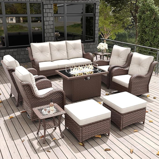 LayinSun 10 Pieces Outdoor Patio Furniture Set with Fire Pit Table, Rattan Wicker Sectional Swivel Rocker Chairs Sets with Ottomans, Swivel Glider Chair, Single Chairs and Coffee Table