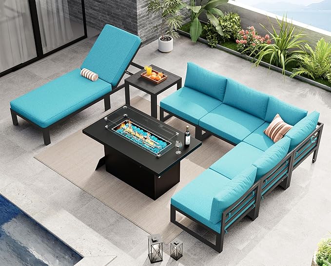 NICESOUL 8 Pcs Oversized Modern Aluminum Outdoor Patio Furniture Set with Lounge Chair & Fire Pit Table, 29" Wide Deep Seating Sectional Sofa, 500 lbs Heavy Duty Poolside Conversation Set, Turquoise