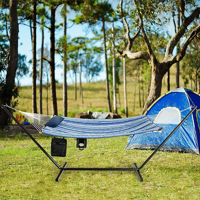 Tangkula Double Hammock with Stand, 2 Person 12Ft Steel Hammock Stand with Cotton Hammock, Pillow, Cup Holder, Carry Bag, Indoor Outdoor Hammock Combo for Backyard, Patio, Porch