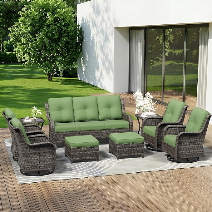 9 Piece Outdoor Wicker Patio Furniture Set, Outdoor Swivel Rocker Patio Chairs Set with Thickened Olefin Cushions, High Back and Deep Seating, Hand-Woven PE Rattan for Porch, Deck