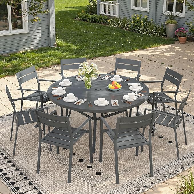 Patio Dining Set for 8, 53" Outdoor Dining Table and Chairs Set with Stackable Patio Chairs Outdoor Furniture for Garden Deck Backyard, Dark Grey Table and Grey Chairs