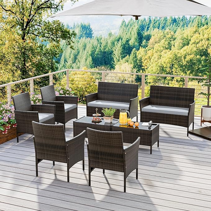 HAPPYGRILL 8 Pieces Outdoor Rattan Conversation Set, Patio Wicker Furniture Set with Loveseat Chairs & Tempered Glass Coffee Table, Outside Sectional Sofa Set for Backyard Garden Poolside